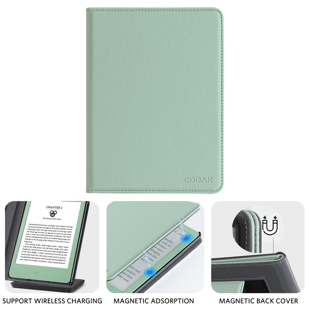 CoBak Case with Stand for for 6" Kindle (2024 & 2022, 11th Gen) | PU Leather Smart Cover with Auto Sleep/Wake & Hand Strap, sage green