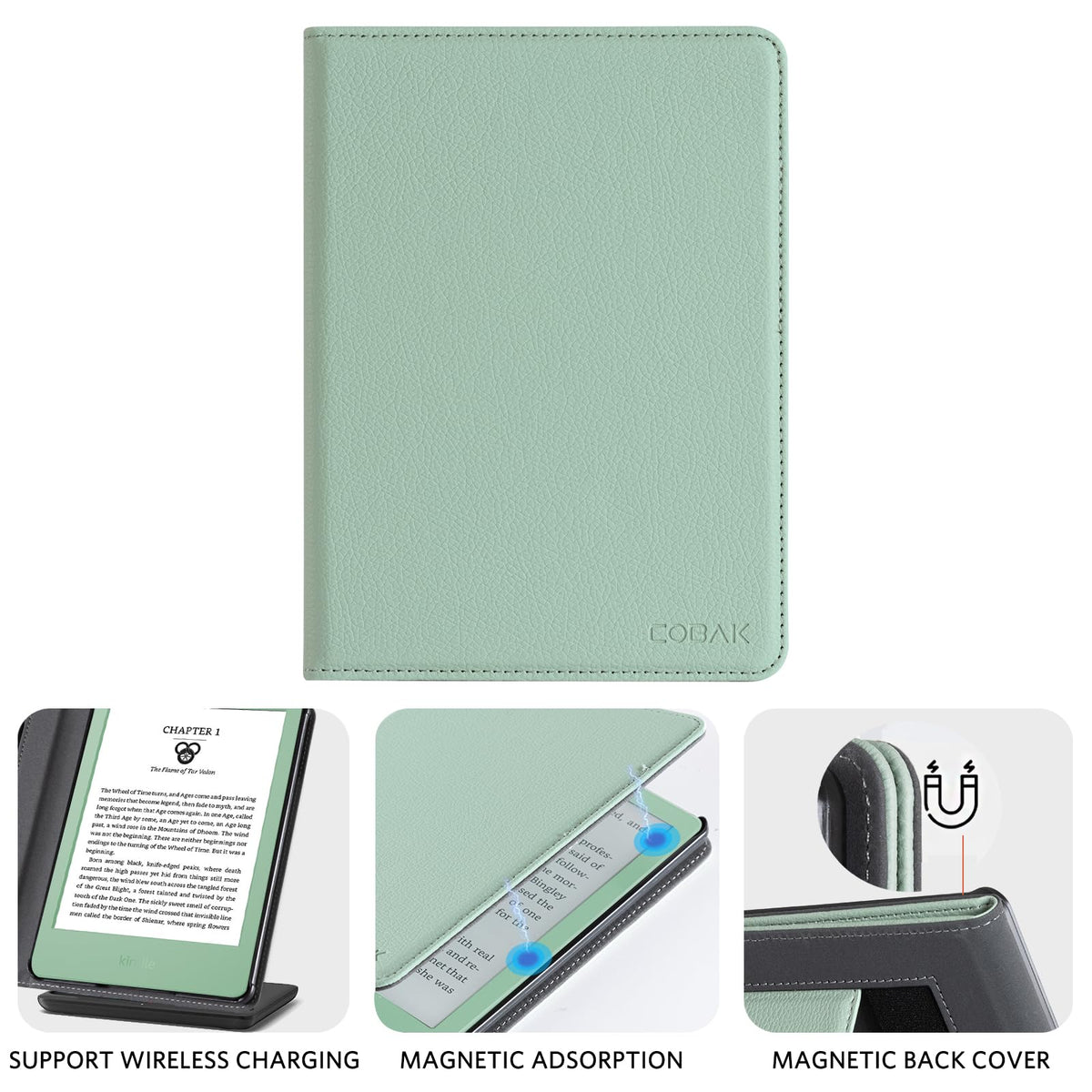 CoBak Case with Stand for for 6" Kindle (2024 & 2022, 11th Gen) | PU Leather Smart Cover with Auto Sleep/Wake & Hand Strap, sage green