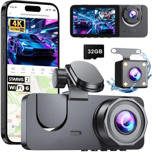 Dash Cam Front and Rear Inside, 4K Full HD 3 Channel Dash Camera for Car