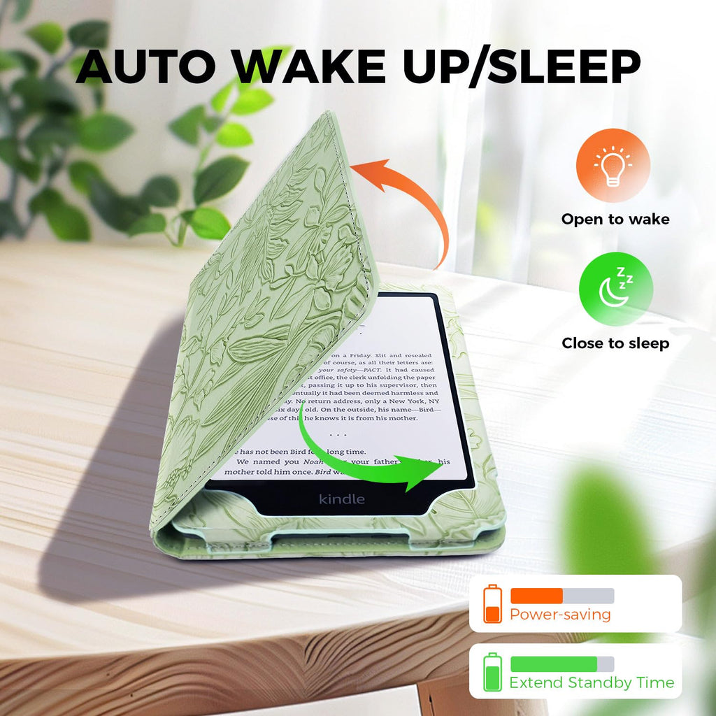 7"/6.8" Green Embossed Case Compatible with Kindle Paperwhite 11th/12th Gen,Colorsoft Signature Edition 2024,Retro Flower Book Cover Hand Strap Stand Auto Wake Design Accessories 2025
