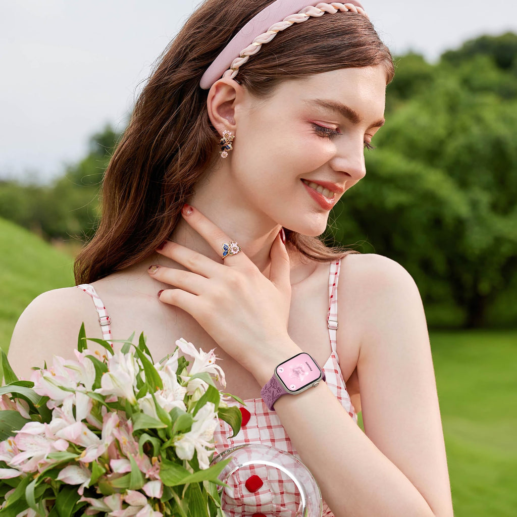 6 Pack Floral Engraved Bands Compatible with Apple Watch for Women | Cute Silicone Straps for Series 12 11 10 9 8 7 6 5 4 SE 3/2/1 Ultra, Wristband for iWatch 42mm 40mm 41mm 38mm 44mm 45mm 46mm