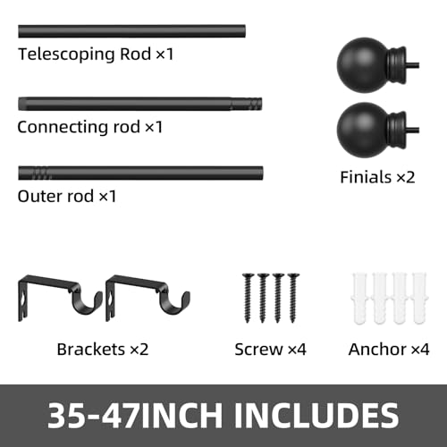 GXOACKJ Curtain Rods for windows 32-48 inch, 5/8 inch Decorative Curtain Rod Set, Matte Black Splicing Heavy Duty Metal Curtain Rod with Brackets