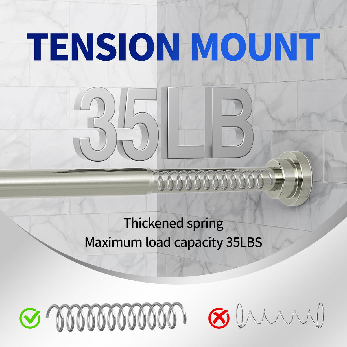 Mcrbeay Shower Curtain Rod, 1" Diameter Heavy Duty Tension Shower Rod | Adjustable 28-74 inch Non Slip No Drill Spring Tension Rod For Bathroom, Shower Stall, No Rust, Brushed Nickel