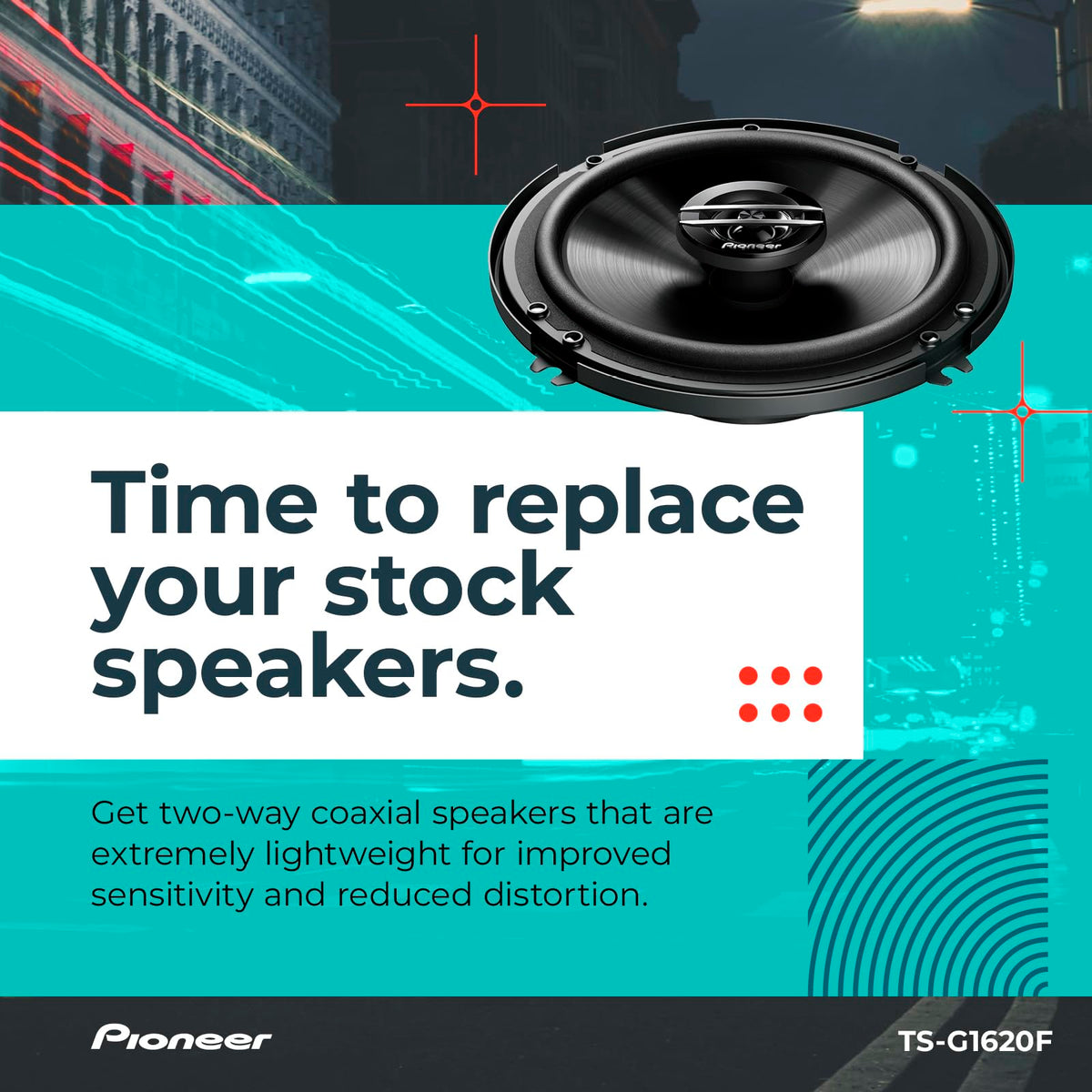 Pioneer G-Series TS-G1620F 6.5" 2-Way Coaxial Car Speakers 300W Max | Great Stock Upgrade, Balanced Sound + Smooth Treble, High-Efficiency Speaker Designed for OEM Power