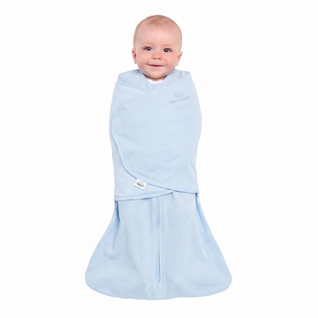 HALO SleepSack Swaddle | Cotton | 1.5 TOG | 68-75°F | 6-12 lbs |Baby Blue | 3-Way Swaddle: Arms In, Hands-to-Face or Arms Out | Double Zipper for Easy Changes | Hip-Healthy Design | Newborn 0-3 Months