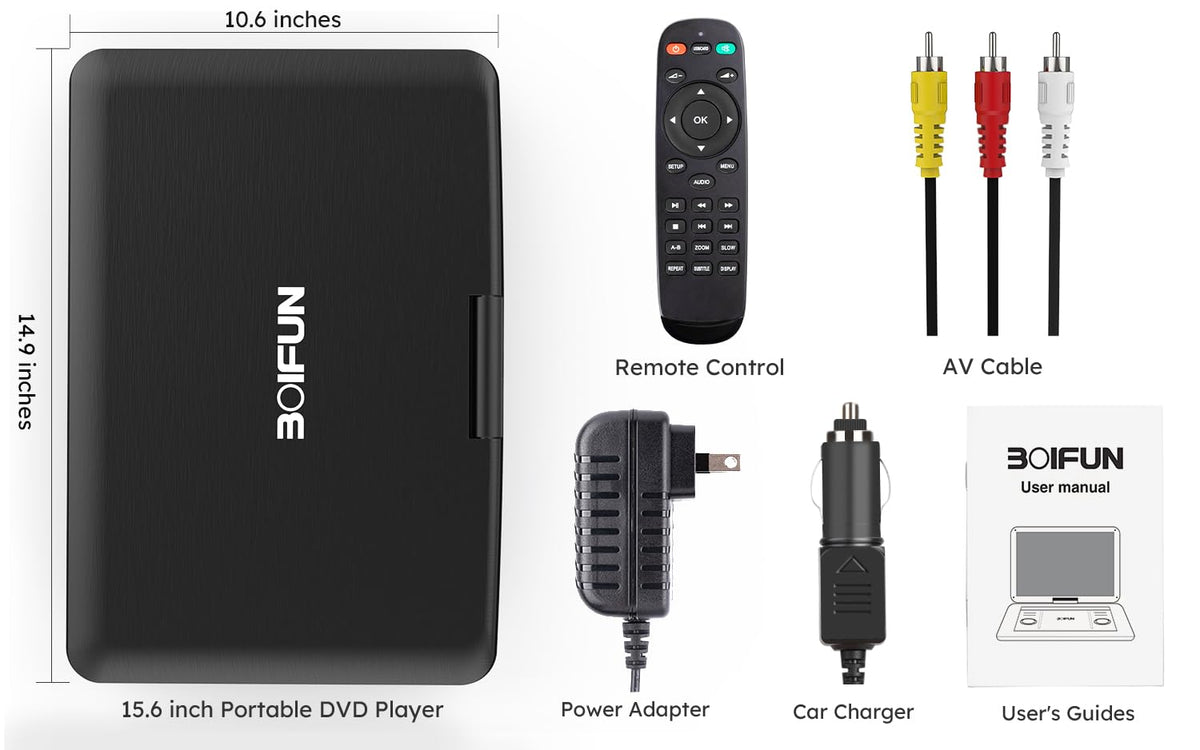 Boifun 17.5" Portable DVD Player with 15.6" Large HD Screen, Black | 6-hour Rechargeable Battery, USB/SD Playback, TV Sync, Multiple Disc Formats, High-volume Speaker, for Road Trip and Home Use