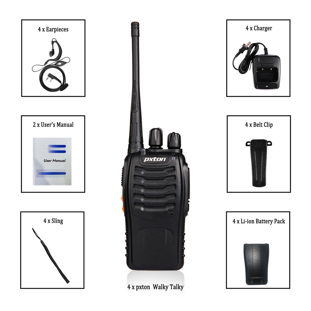 pxton Walkie Talkies Long Range for Adults with Earpieces,16 Channel Walky Talky Rechargeable Handheld Two Way Radios with Flashlight Li-ion Battery and Charger（4 Pack）