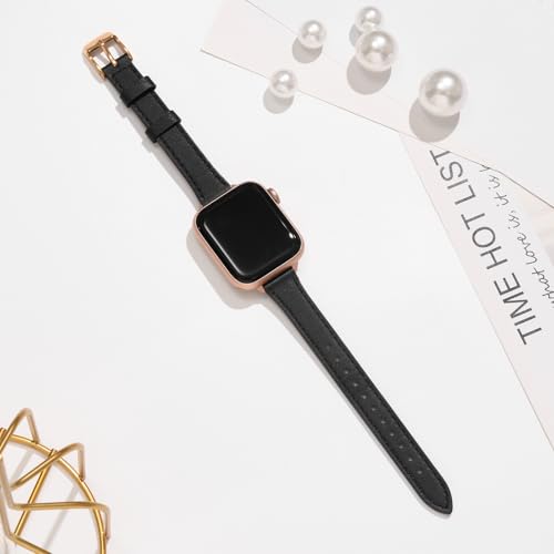 STIROLL Slim Leather Band Compatible with Apple Watch Bands for Women | Genuine Leather Thin Strap, 40/41/38/42mm(Series 12 11 10), Fits iWatch SE 9 8 7 6 5 4 3 2 1, for Small Wrists, Daily Wear
