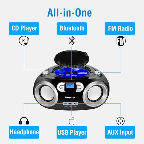 MEGATEK Portable CD Player Boombox with Bluetooth & FM Radio – Black | USB Playback, Clear Stereo Sound, AUX Input, Headphone Jack, CD-R/RW & MP3-CD Support, LCD Display, AC/Battery Powered