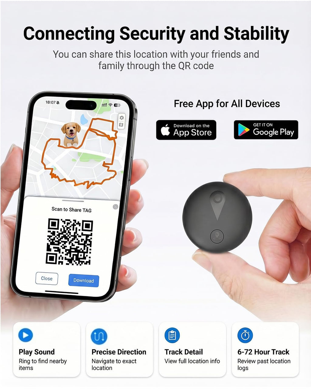 GPS Tracker for Dogs, Smart Dog Tracker with Real-Time Location, for Android and iPhone No Monthly Fee & No SIM Card- Pet Location Tracker with Holder, IP68 Waterproof, Indoor & Outdoor Pet Safety Use
