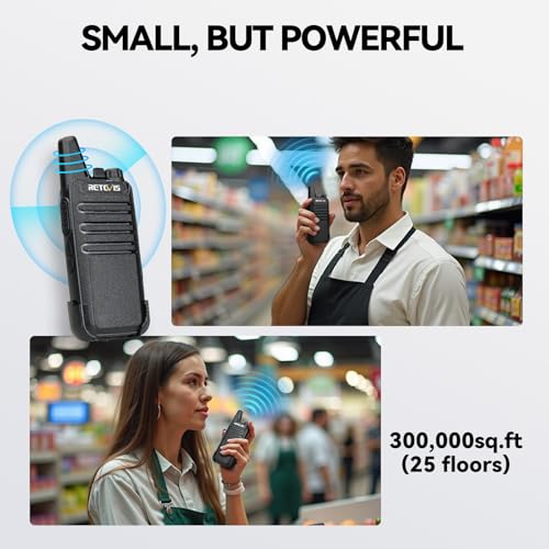 Retevis RT22 Commercial FRS Walkie Talkies Rechargeable Long Range (6 Pack) | Slim & Lightweight 2 Way Radio, For K-12 & Retail, Comfortable for All-Day Wear, Loud & Clear Audio, Charge 6 Radios At Once