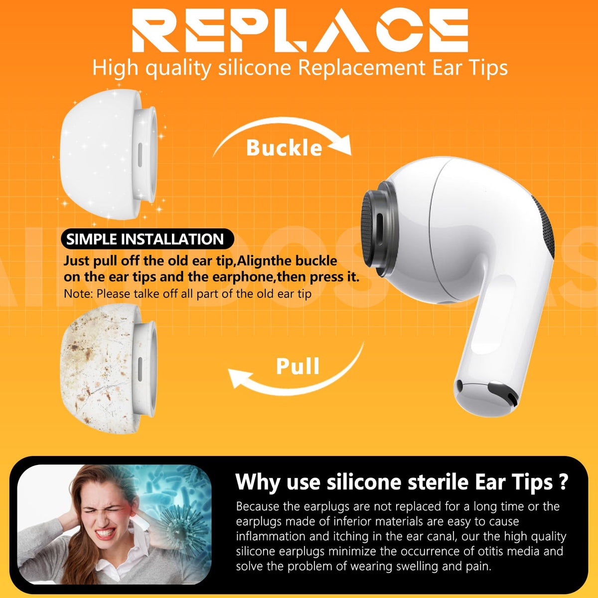 Inesore 4 Pairs Replacement Ear Tips for AirPods Pro 2nd/1st (White) | (2019/2022/2023) with Noise Reduction Hole & Built-in dust Guard Screen,Silicone, with Cleaner Pen,4 Size (XS/S/M/L)