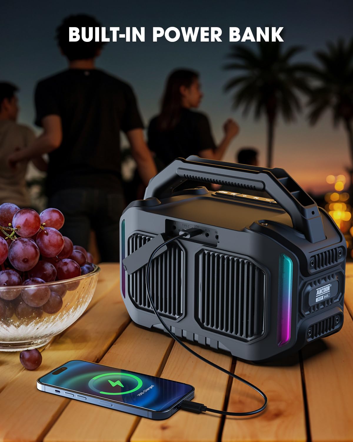 ANCOON Speakers Bluetooth Wireless: 80W(Peak) Loud Speaker with Bass | 20H, Rugged, IPX6 Waterproof, Large Jobsite Speakers for Work, Outdoor, Workshop, Garage - Portable Handle with TWS (Black)