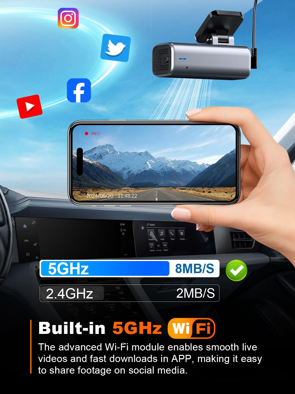 galphi 4K Dash Cam Front, 5GHz WiFi, 32GB Card Included, Mini Dashcam | Screen-Free, APP Control, 160° Wide Angle, G-Sensor, Loop Recording, 24H Parking Monitor, Night Vision, Easy Install