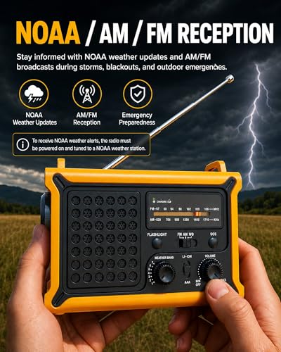 Emergency Radio with Hand Crank & Solar, NOAA Weather Band, AM/FM, 12000mAh | 8500mm² Solar Panel, Clear AM/FM Reception, 5W Flashlight & Reading Light, 120dB SOS, Phone Charging for Hurricanes & Outages