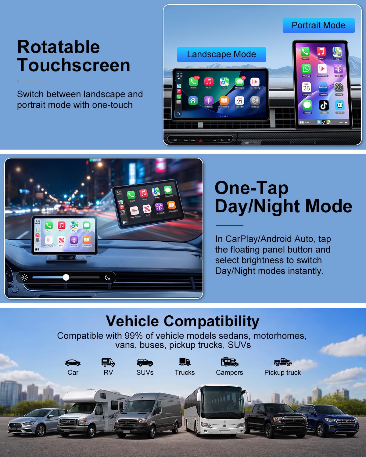 Carplay Screen for Car, 7" Wireless Apple Carplay & Android Auto | Car play with 1080P Backup Camera, GPS Navigation, Voice Control, Mirror Link, FM/AUX Audio, Plug & Play