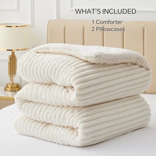 BEDELITE Fleece Queen Comforter Set, Fluffy Bed Set, Cream White | Super Soft & Warm Bedding, Luxury Fuzzy Faux Fur Comforter for Winter, Heavy Plush Bedding, with 2 Pillowcases
