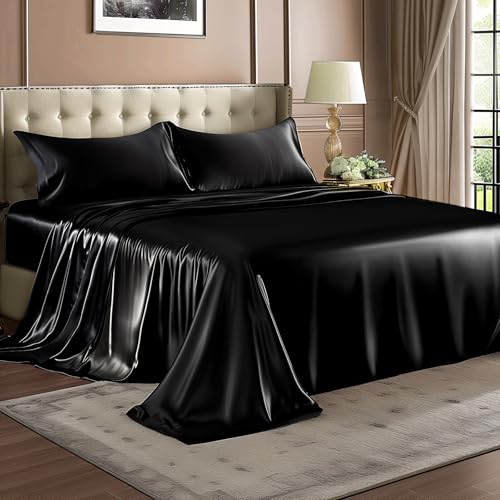 BEDELITE Satin Sheets Queen Size Bed Set, Black, 4 Pieces | Luxury Silky Bed Sheets, 15 Inch Deep Pocket, Similar to Silk, Soft and Cooling, Reduces Friction, Gentle on Hair and Skin