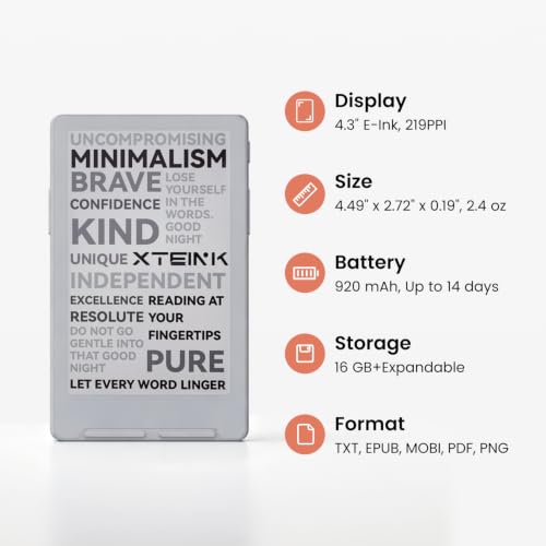 XTEINK X4 Classic Pocket eReader, Ultra-Light 68g & 4.9mm Thin,Reader Gifts | Ultra Thin 0.19" design, 4.3" E ink Paper-feel ,Dual Page Turn Button & Shake, Magnetic Pogo-pin attach,Extended Battery Life