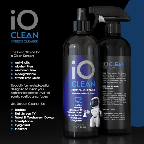 iO CLEAN 16oz Screen Cleaner Spray – Best Large Cleaning Kit | for LCD, LED & OLED TV, Smartphone, iPad, Laptop, Touchscreen, Computer Monitor, Microfiber Cloth Wipes & 2 Nozzles