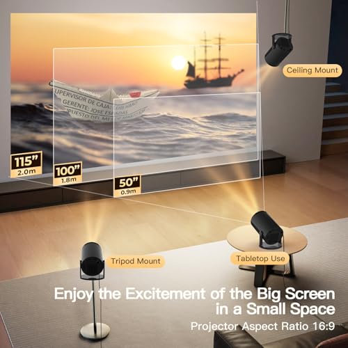 [Built-in Apps] Mini Projector 4K Supported, Android TV OS & Phone Remote | Projector with WiFi 6 & Bluetooth 5.4, Short Throw, Auto Keystone and 180° Rotation for Bedroom, Home Cinema and Outdoor Use