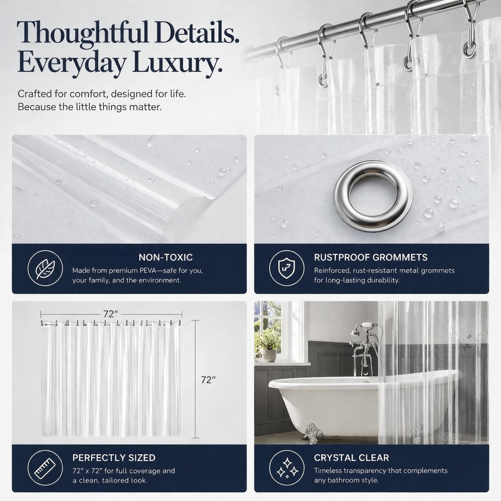 EHZNZIE Crystal Clear Shower Curtain Liner 72x72, PEVA Waterproof Bath Curtain, No Chemical Smell, 3 Weighted Magnets, Durable with Rustproof Metal Grommets