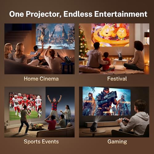 [Built-in Apps] Mini Projector 4K Supported, Android TV OS & Phone Remote | Projector with WiFi 6 & Bluetooth 5.4, Short Throw, Auto Keystone and 180° Rotation for Bedroom, Home Cinema and Outdoor Use