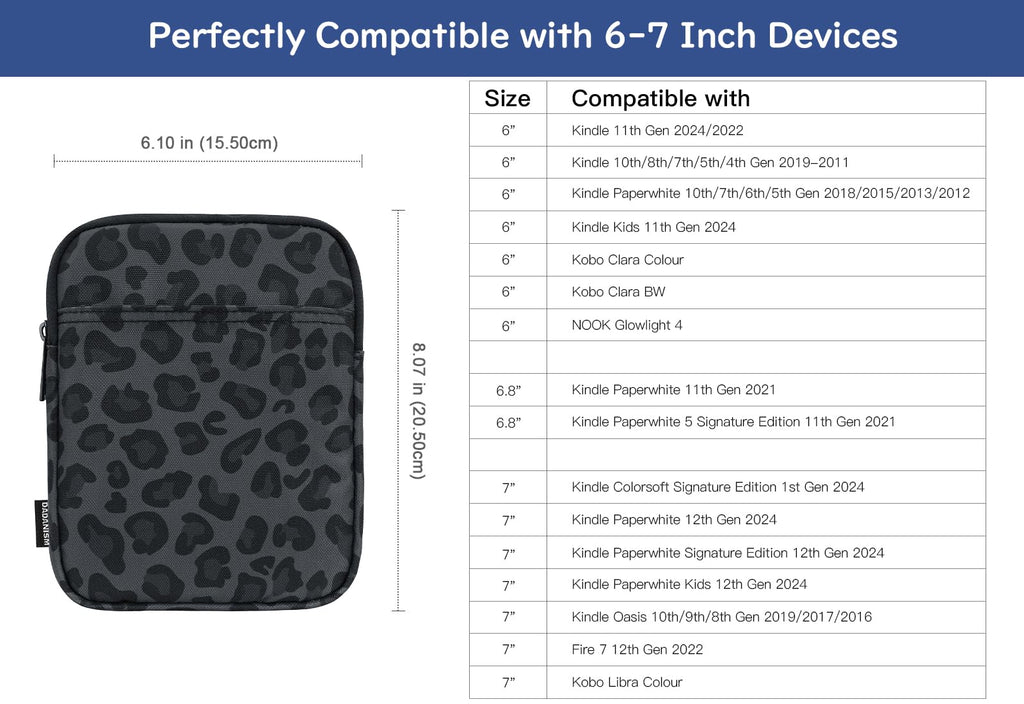 Dadanism 6-7 Inch Universal Padded Sleeve for eReader, Leopard | Protective Carrying Case Fits 7" Paperwhite/Colorsoft Signature Edition eReader, 6" Kobo Clara BW/Colour,7" Kobo Libra Colour