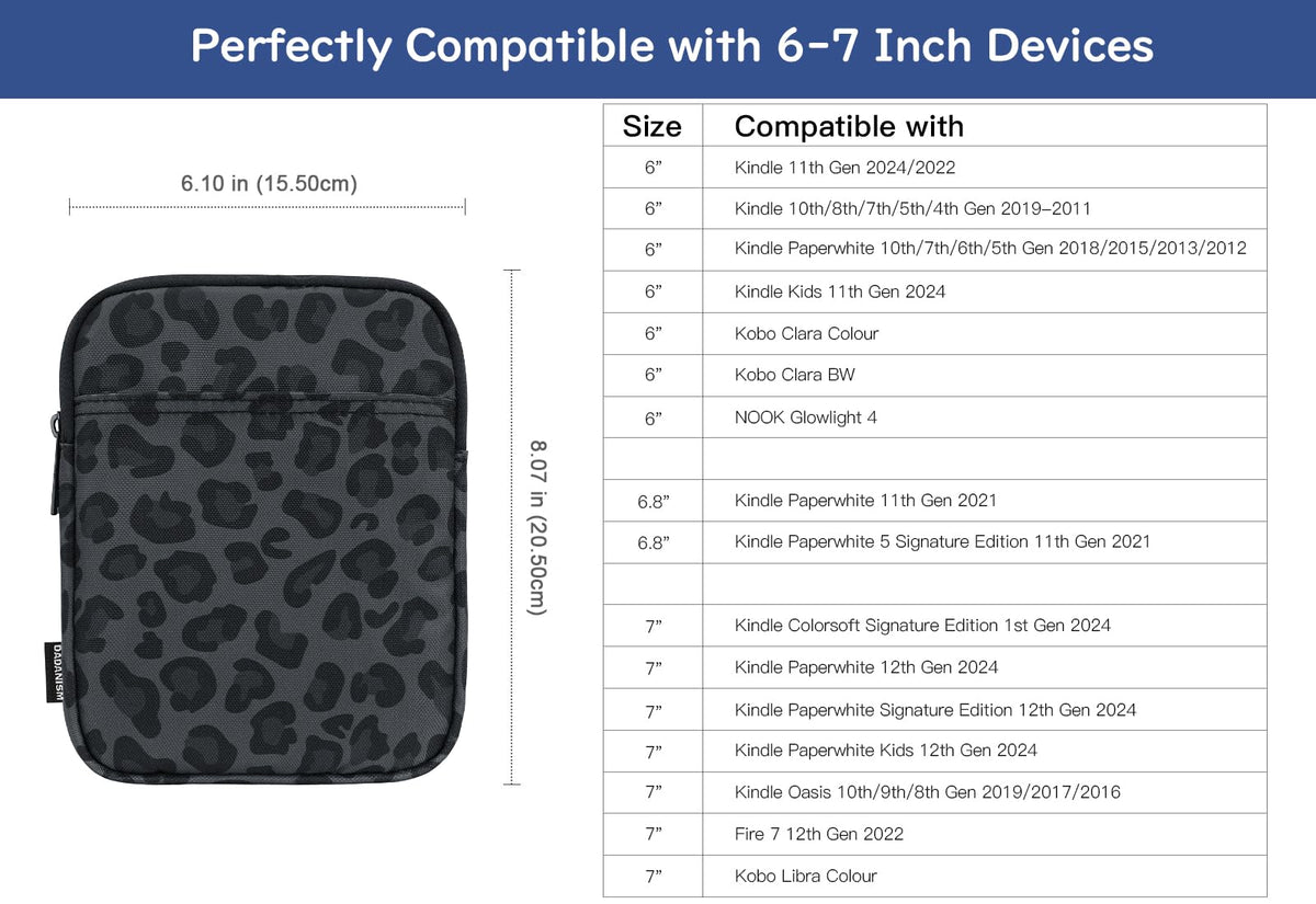 Dadanism 6-7 Inch Universal Padded Sleeve for eReader, Leopard | Protective Carrying Case Fits 7" Paperwhite/Colorsoft Signature Edition eReader, 6" Kobo Clara BW/Colour,7" Kobo Libra Colour