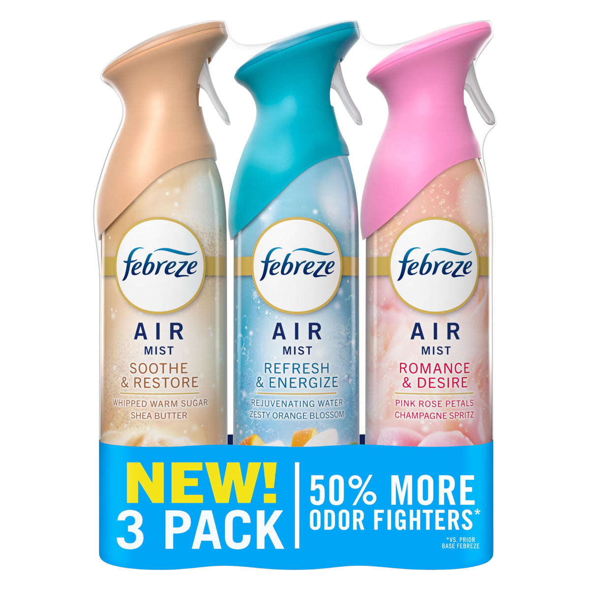 Febreze Air Mist, Air Freshener, Odor Fighting Room Spray, Deodorizer for Home Bathroom Kitchen Office Apartment, Soothe & Restore, Refresh & Energize, Romance & Desire Variety Pack, 8.1oz (Pack of 3)