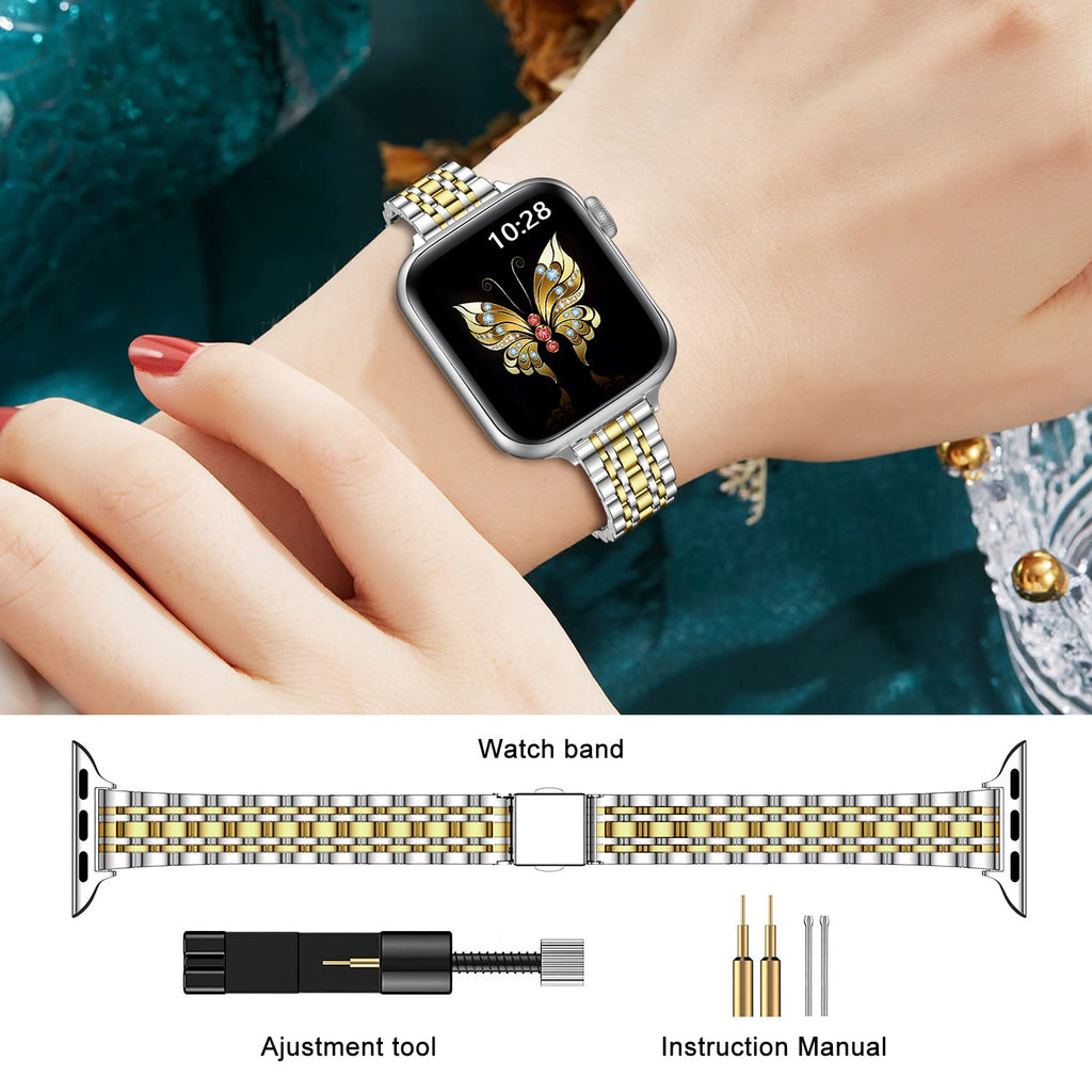 MioHHR Slim Metal Band Compatible with Apple Watch Bands 42/41/40/38mm | Thin Luxury Stainless Steel iWatch Bands Series 12/11/10/9/8/7/6/5/4/3/2/1/SE3/SE2/SE for Women,Silver/Gold