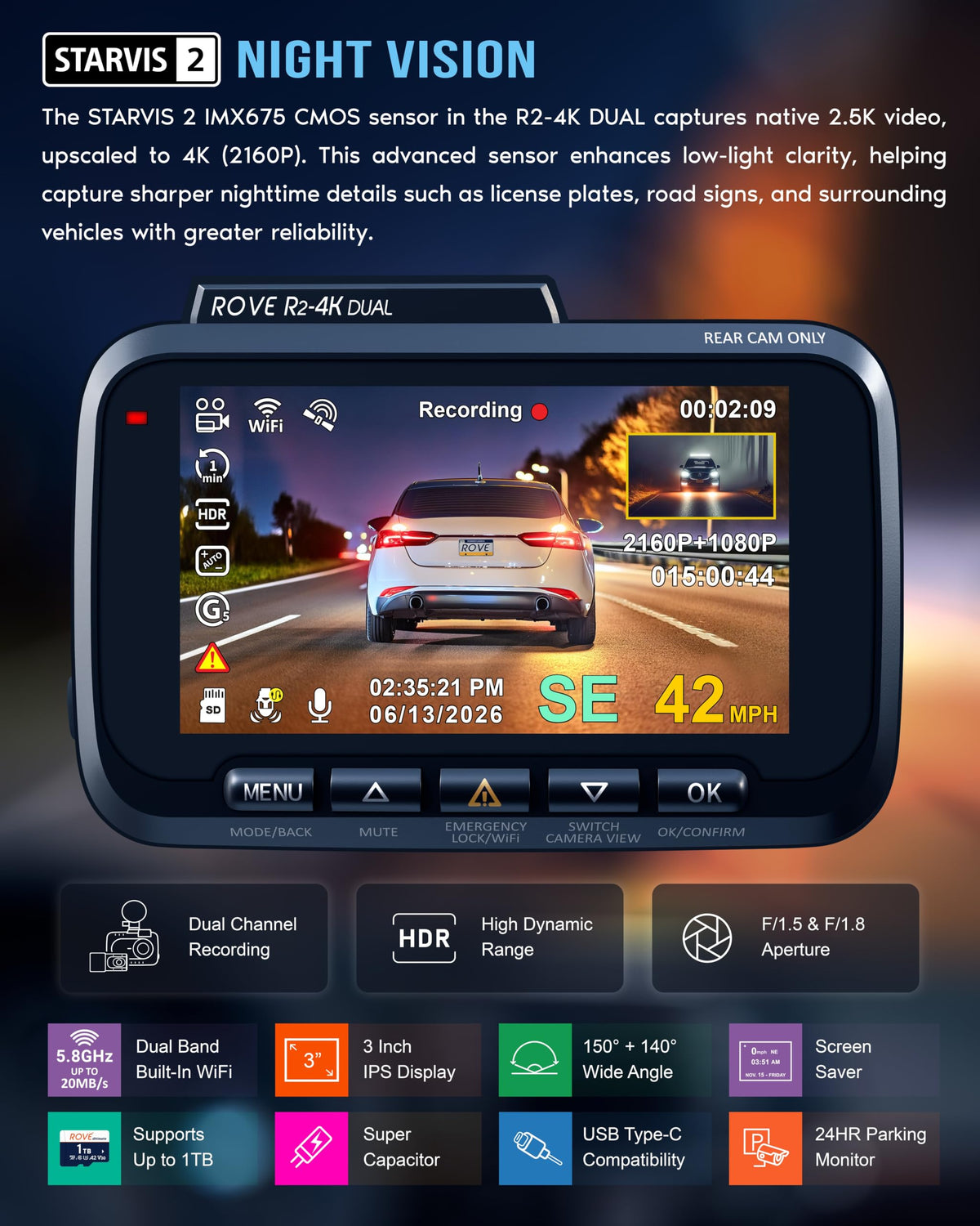 ROVE R2-4K Dual Dash Cam Front and Rear, STARVIS 2 Sensor, Free 128GB Card | 4K Upscaled Front + FHD Rear Recording, 5.8GHz WiFi, 20MB/s Download Speed, App, GPS, 3" IPS, 24Hr Parking Mode, Night Vision
