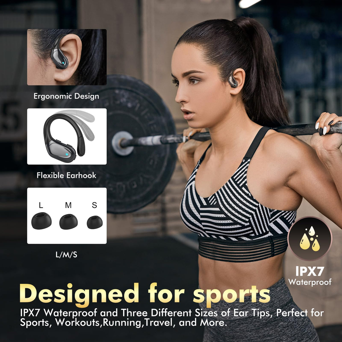 HAOYUYAN Wireless Earbuds, Sports Bluetooth Headphones, 80Hrs Playtime Ear Buds with LED Power Display, Noise Canceling Headset, IPX7 Waterproof Earphones for Workout/Running（Black）
