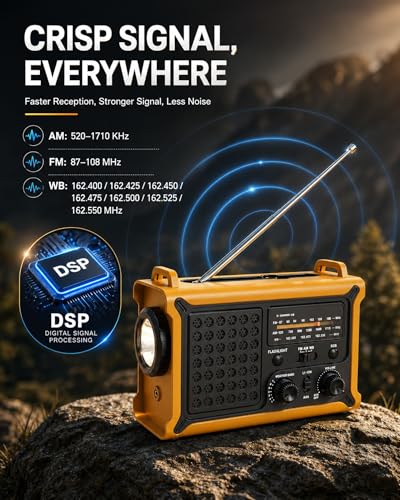 Emergency Radio with Hand Crank & Solar, NOAA Weather Band, AM/FM, 12000mAh | 8500mm² Solar Panel, Clear AM/FM Reception, 5W Flashlight & Reading Light, 120dB SOS, Phone Charging for Hurricanes & Outages