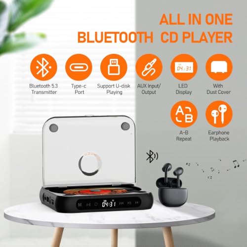 ENVYCLOUD CD Player Portable with Dual Stereo Speakers, Rechargeable Portable CD Player with Bluetooth for Home with Headphones,Black