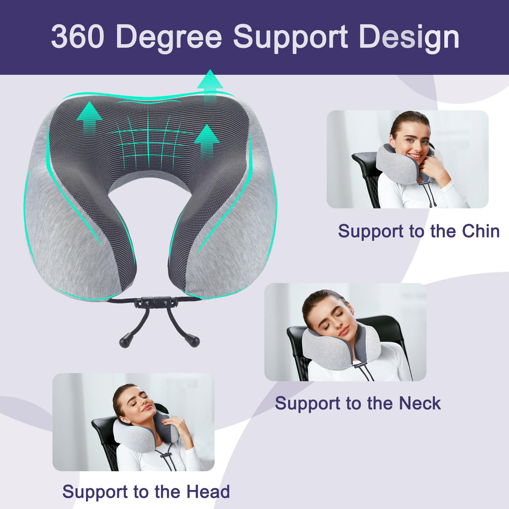 napfun Neck Pillow for Traveling, Upgraded Travel Neck Pillow for Airplane 100% Pure Memory Foam Travel Pillow for Flight Headrest Sleep, Portable Plane Accessories, Light Grey
