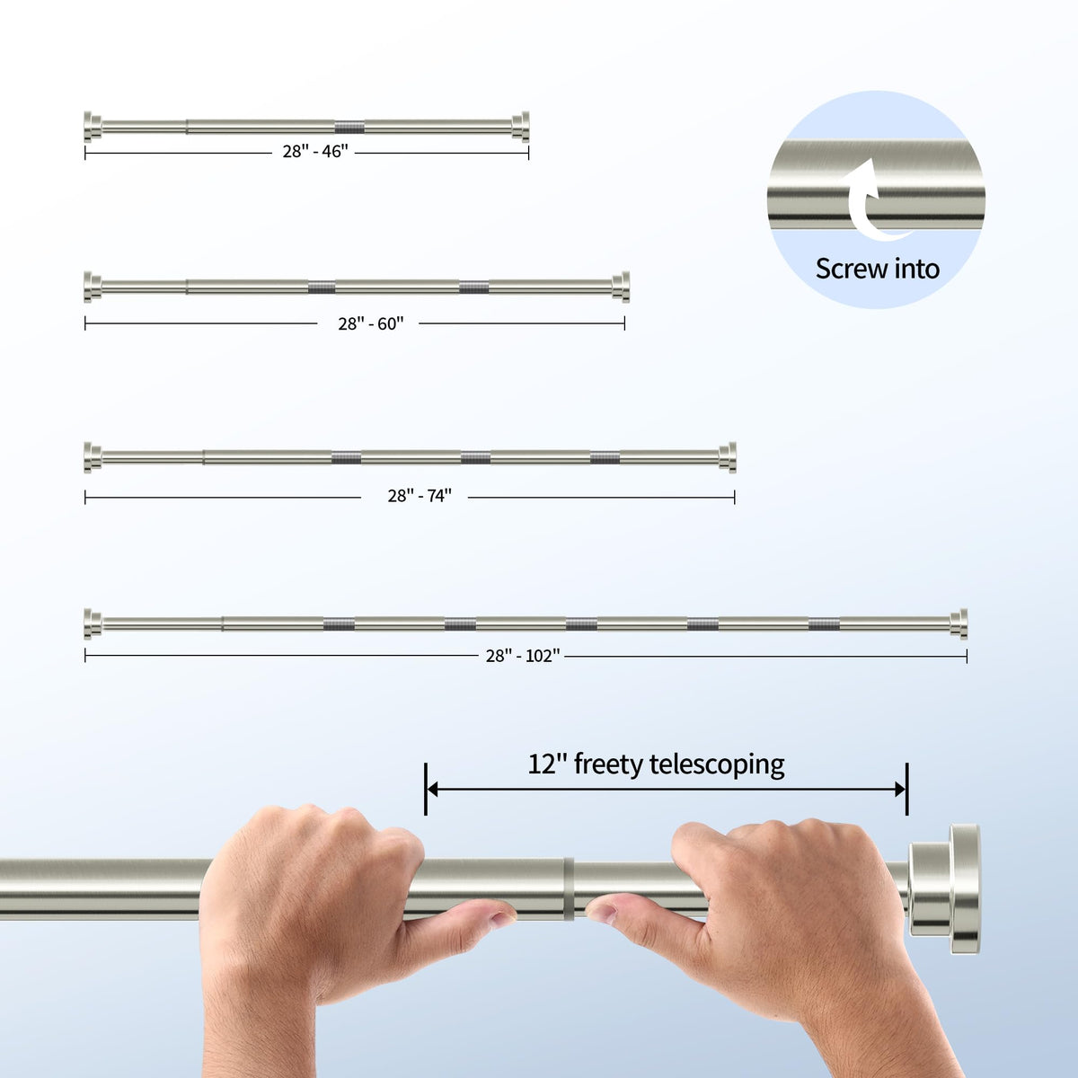 Mcrbeay Shower Curtain Rod, 1" Diameter Heavy Duty Tension Shower Rod | Adjustable 28-74 inch Non Slip No Drill Spring Tension Rod For Bathroom, Shower Stall, No Rust, Brushed Nickel