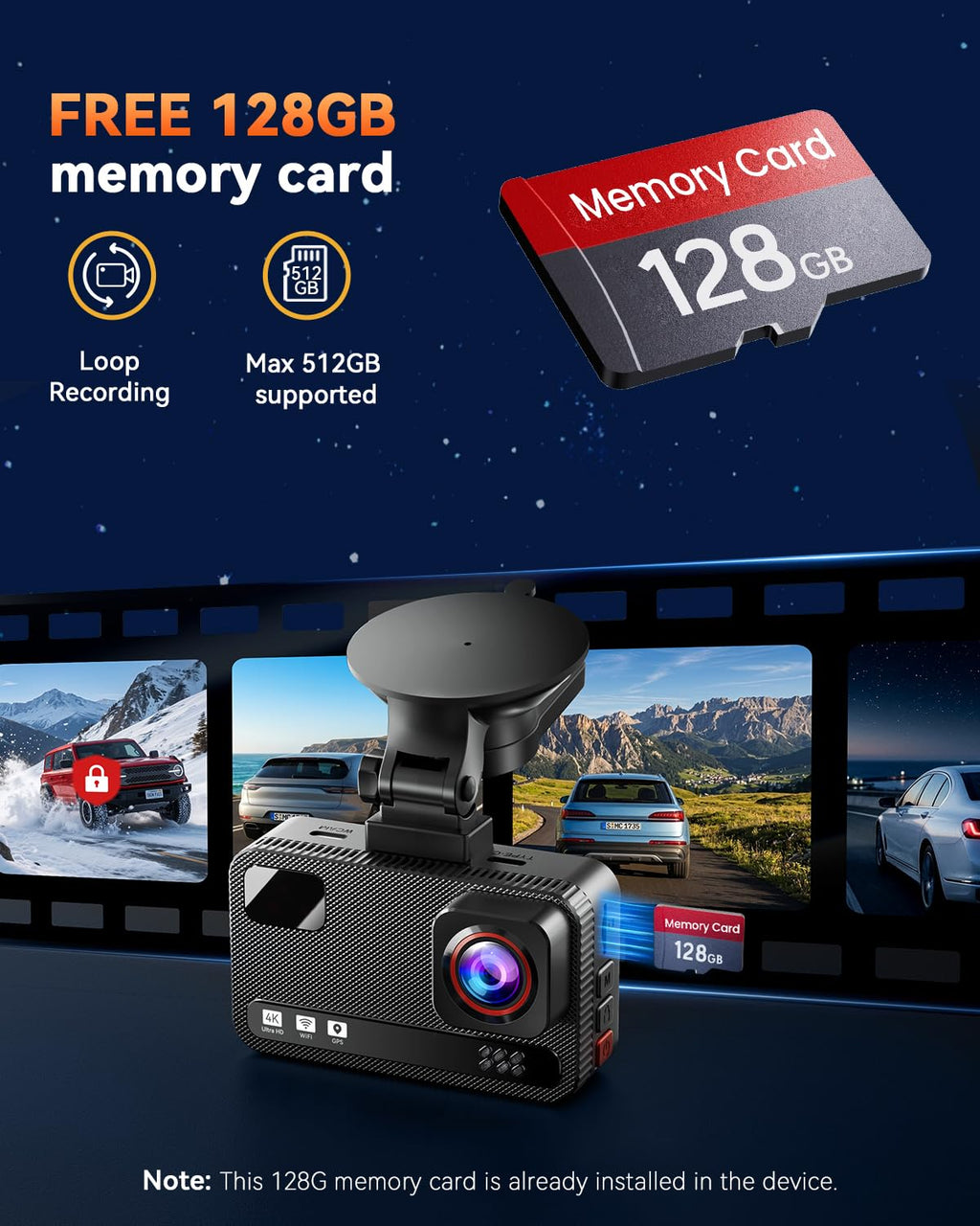 4K+4K Dual Dash Cam Front and Rear, Free 128GB Card, Starlight Night Vision | Dual-Channel Recording, 5.8GHz WiFi, 20MB/s Download Speed, GPS, 3" IPS Screen, Collision Sensor, 24H Parking Mode