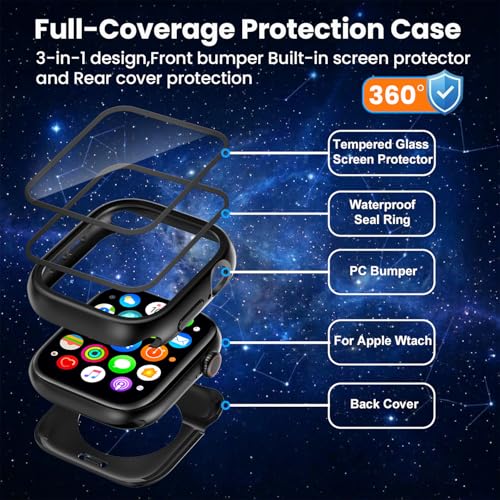 YIJDACASE 3 in 1 Waterproof Case for 40mm Apple Watch SE 3/2/1 Series 6/5/4 | 40mm PC Bumper 360 Full Face Cover Built-in Tempered Glass Screen Protector, Sensitive Touch Scratch, Matte Black