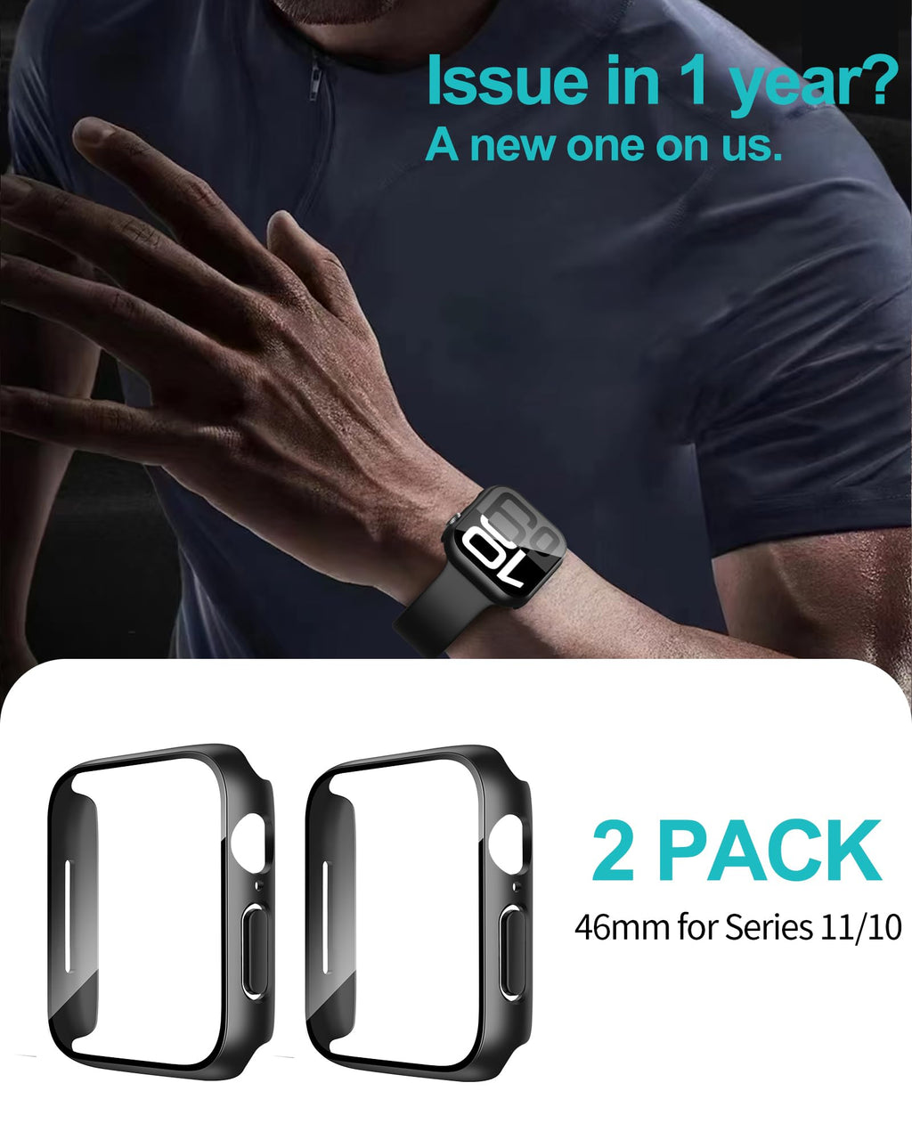 Smiling 2 Pack Case Built in Tempered Glass Screen Protector Compatible with Apple Watch Series 11 (2025)/Series 10 46mm, Hard PC Case Overall Protective Cover- Black