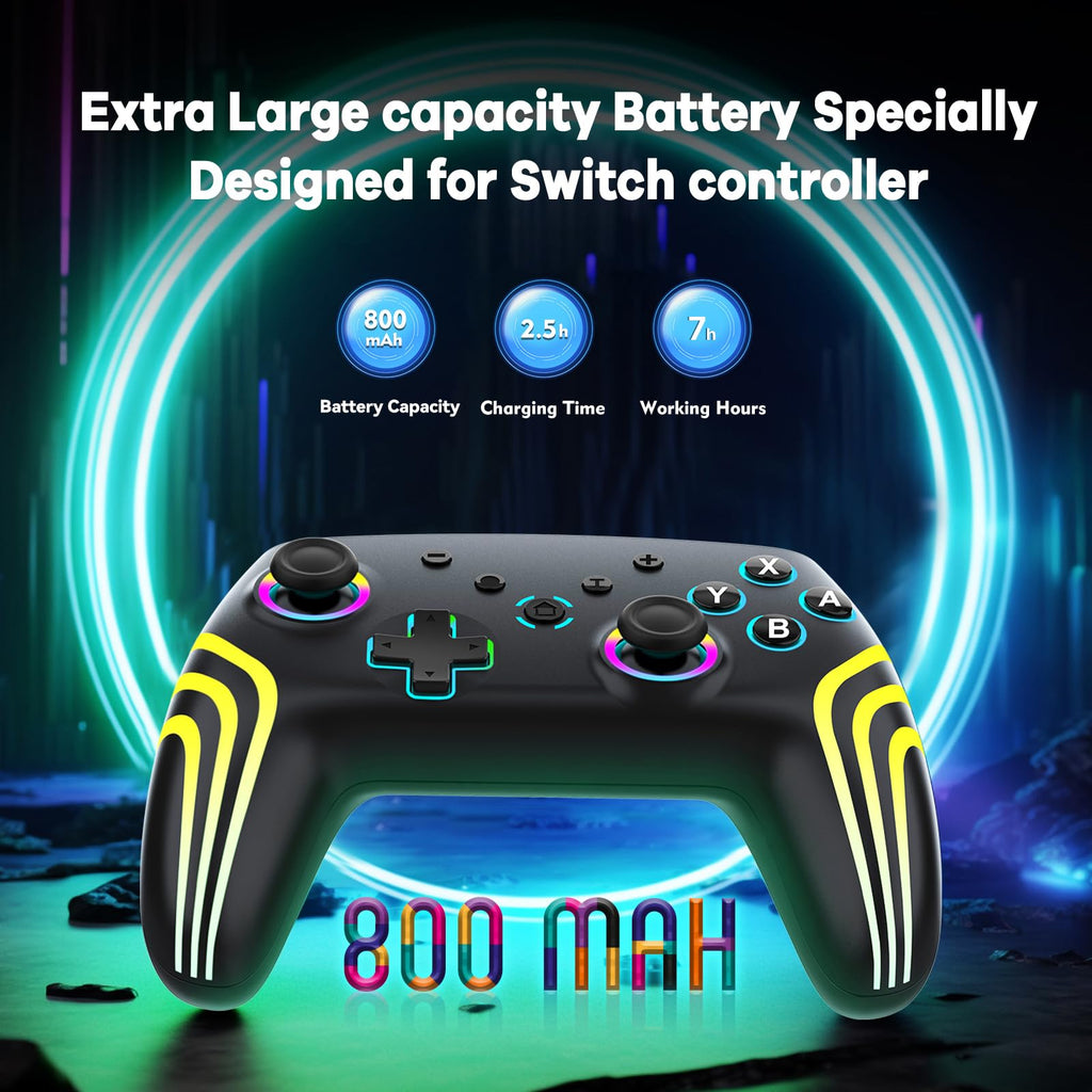 MYSTILUCK Wireless Pro Controller for Switch/Switch 2/Lite/OLED/PC | Gamepad with 7 Color-Changing RGB Lighting/Dual Vibration/6-Axis Gyroscope/Turbo, Ergonomically Designed Precise Joystick