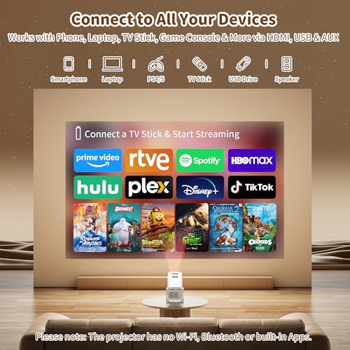 Mini Projector with 4K Support, Portable Short Throw Proyector | Electric Focus&Keystone, 270° Rotatable Stand, Compatible with TV Stick, Phone & Laptop, Holiday Gift Idea