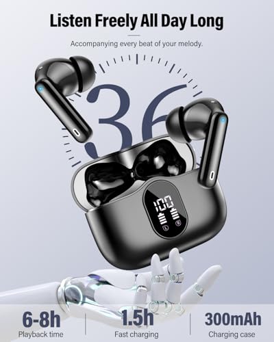 Wireless Earbuds, Bluetooth 5.4 Headphones Bass Stereo/Clear Calls, Black | Ear Buds with Noise Cancelling Mic LED Display in Ear Earphones IP7 Waterproof 36H Bluetooth Earbuds for Phones/Sport/Laptop