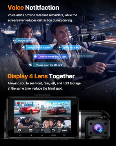 Icesky 4K Dash Cam Front and Rear Left Right with GPS, 20MB/s WiFi 6 | Include 128GB SD Card, G-Sensor, 5.8GHz WiFi6, Parking Mode, 8 IR Lights, 4K Front 1080P Rear/Left/Right, 360° 4 Channel