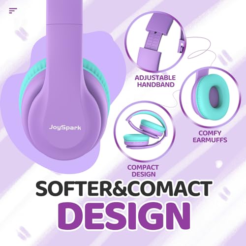 JoySpark Kids Bluetooth Headphones Over-Ear, 60Hrs, Built-in Mic-Purple | 85/94dB Volume Limited, Bluetooth 5.3, Stereo Sound, Lightweight Kids Wireless Headphones for Kids Toddler Travel School