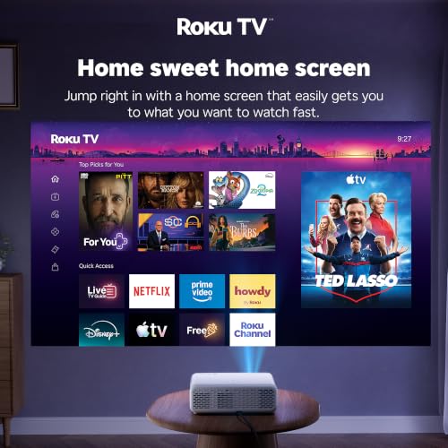 Aurzen Roku TV D1R Smart Portable Outdoor Projector with WiFi and Bluetooth | Roku TV Built-in, All Top Apps, 1080P FHD, DoIby Audio, Auto Focus & Keystone, Zoom, Mini Projector for Home & Outdoor Movies