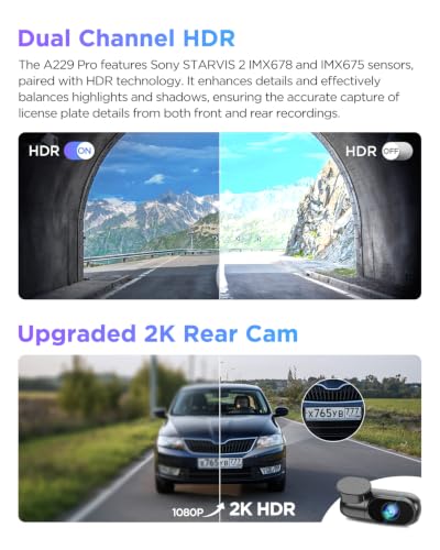 VIOFO A229 Pro 4K HDR Dash Cam Front and Rear, Dual STARVIS 2 Sensors | 4K Front and 2K Rear, IMX678 & IMX675 sensors, 5GHz Wi-Fi, GPS, Voice Control, Buffered 24H Parking Mode, Night Vision 2.0