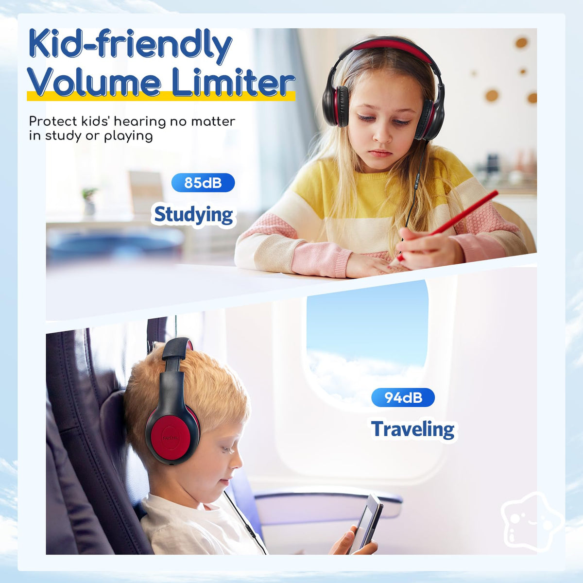 EarFun K1 Kids Headphones Wired with Mic, Volume Limit Headphones for Kids | Portable Wired Headphone with Shareport, Stereo Sound, Foldable Headset for School/Toddler/Tablet/iPad/Kindle, Black Red