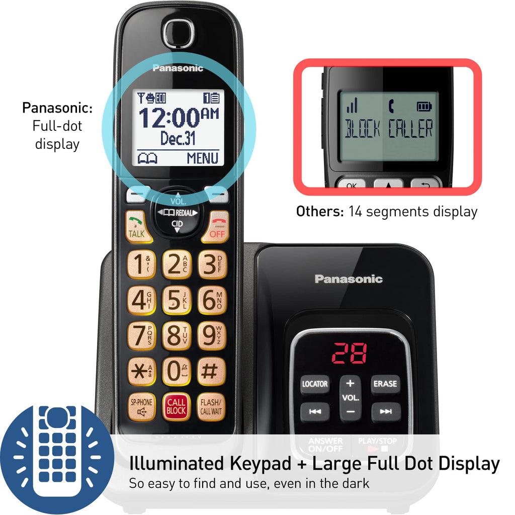Panasonic Cordless Phone with Answering Machine, 2 Handsets Landline Phone | Home phones landline cordless featuring an answering machine, call block and caller ID, Metallic Black, KX-TGD832M