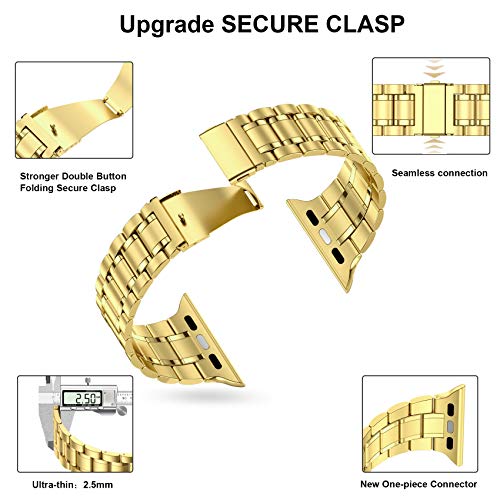 MioHHR Solid Stainless Steel Band Compatible for Apple Watch 38mm 40mm 41mm | Adjustable Metal Strap with Soft TPU Case for Women and Men, Fits iWatch Bands Series 9 8 7 6 5 4 3 2 1, SE3, SE2, SE, Gold